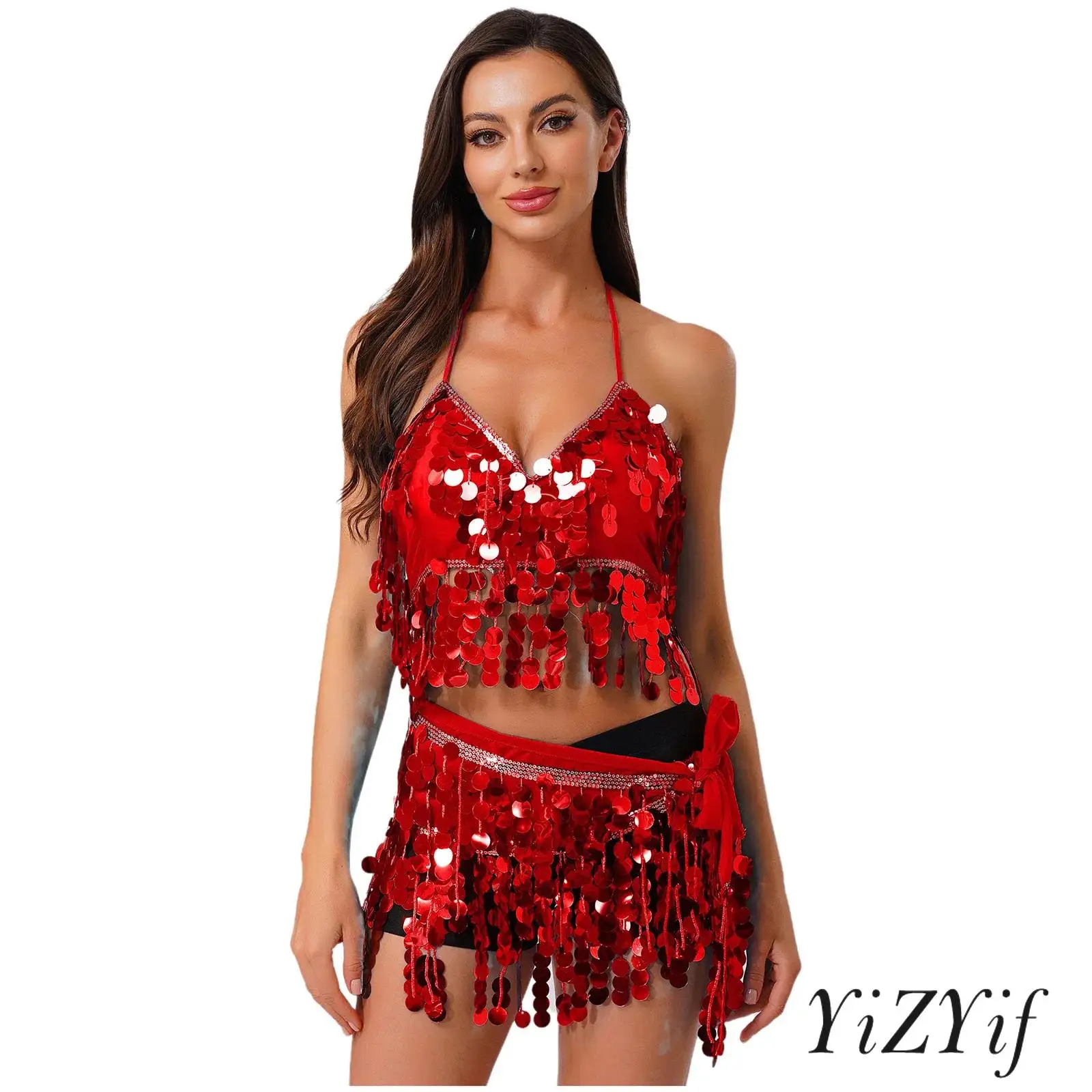 

Professional Belly Dance Costume Women Sparkling Sequin Tassel Bra Top with Lace Up Hip Scarf Skirt Set for Folk Bonfire Dance