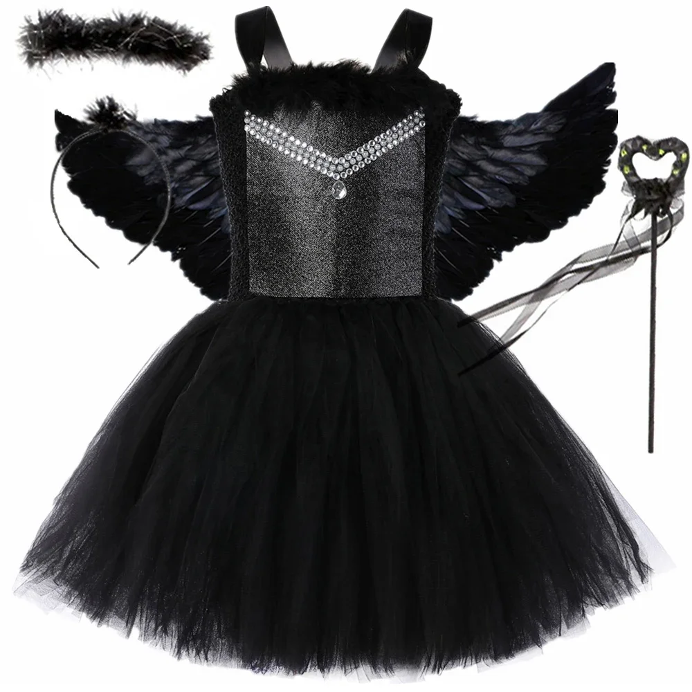 

Girls Black Fallen Dark Angel Tutu Dress Costume Children Fancy Swan Fairy Princess Dress Up Halloween Costume for Kids Clothes