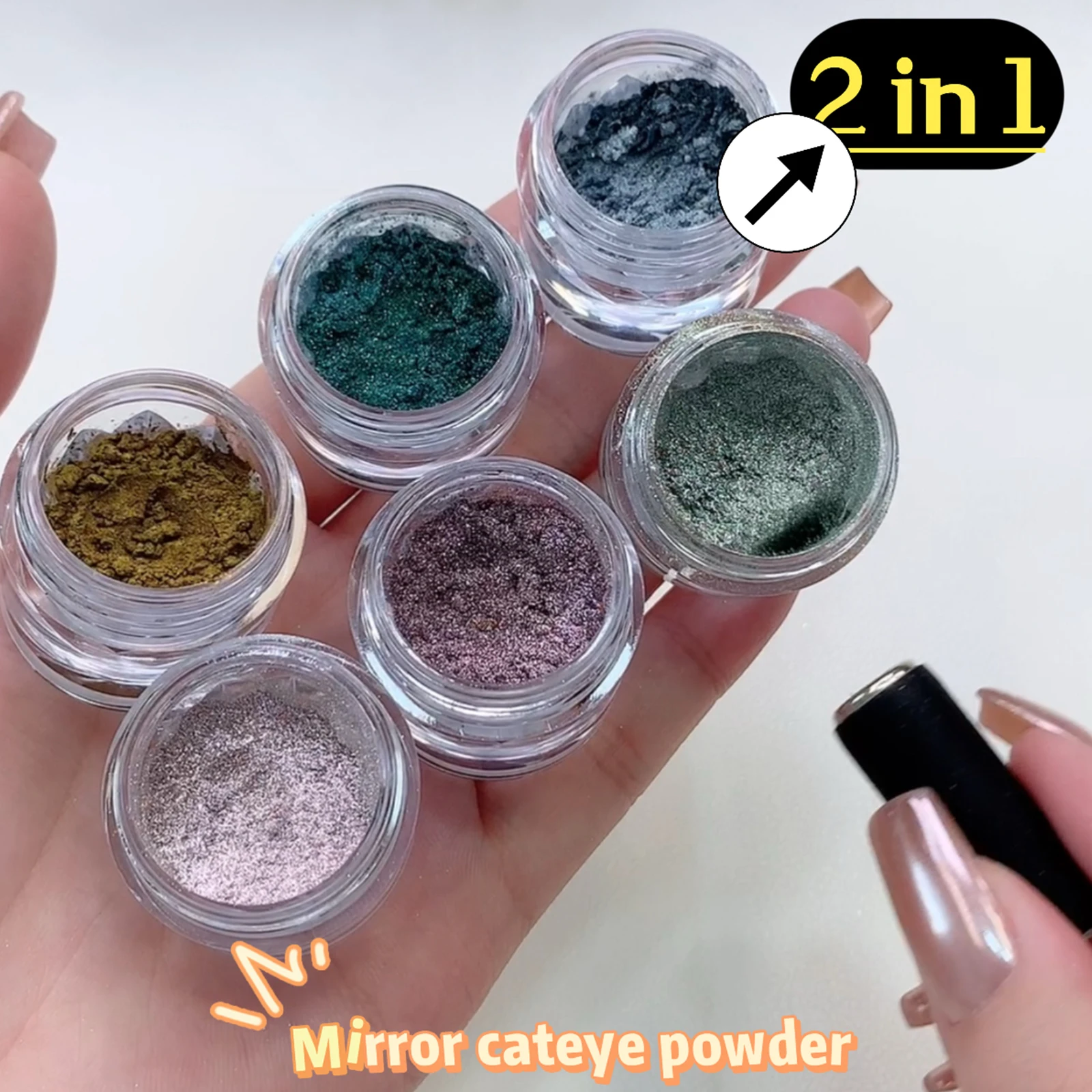 Chrome Nail Powder Kit with White Pearl Metal Mirror Holographic Design D Body Glitter and Cat Eye Paint for Nails