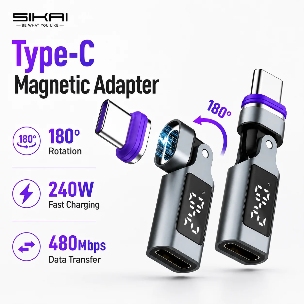 Adaptador USB C PD 240W con Pantalla Digital, Conector Magnético C a C para iPhone 17, MacBook Pro/iPad, Tablet Samsung