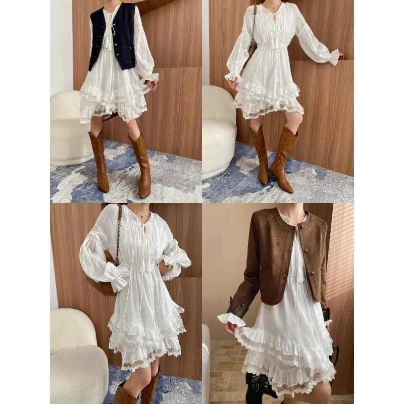 Primavera rendas até cintura emenda vestido branco em camadas irregulares