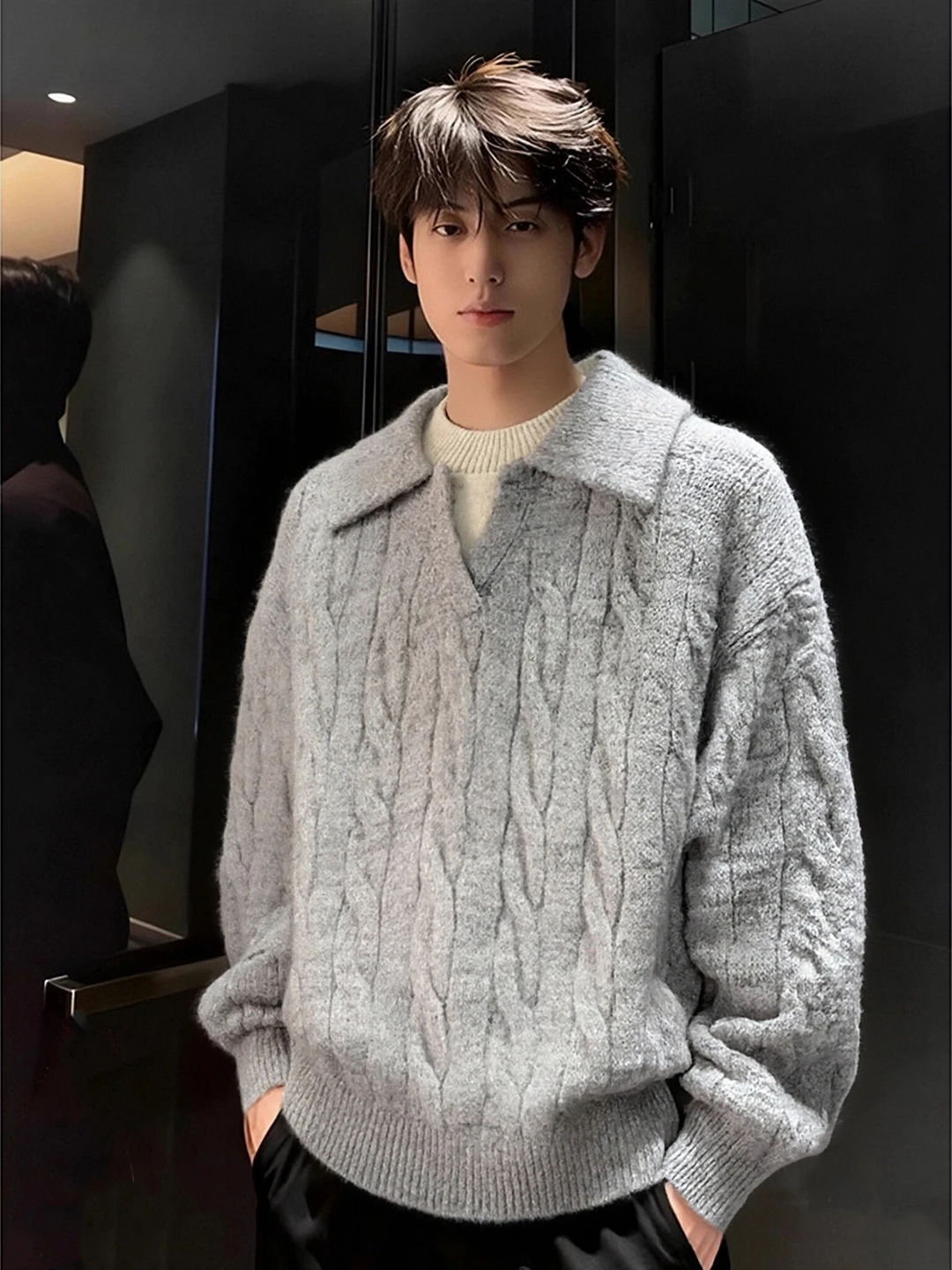 

Light ey V-Ne Knitted Sweater Men's Autumn Winter Thiened Base Layer irt Jaet Loose Fit Casual Sle Fake Two-Piece