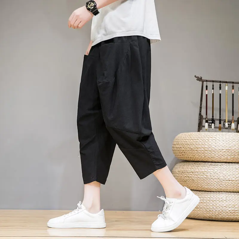 Calça de perna larga estilo chinês, calça capri de linho masculina, tamanho grande, casual que combina com tudo, jovem, verão, 2024