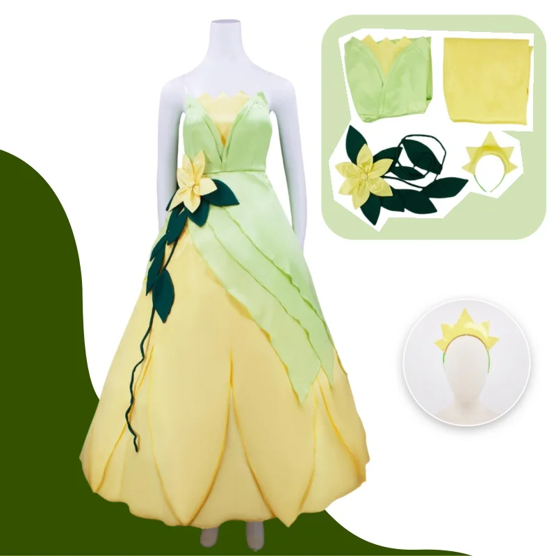 

Frog Princess Movie Cosplay Costume Yellow Green Woman Halloween Carnival Tiana Cosplay Tiana Customized Clothes