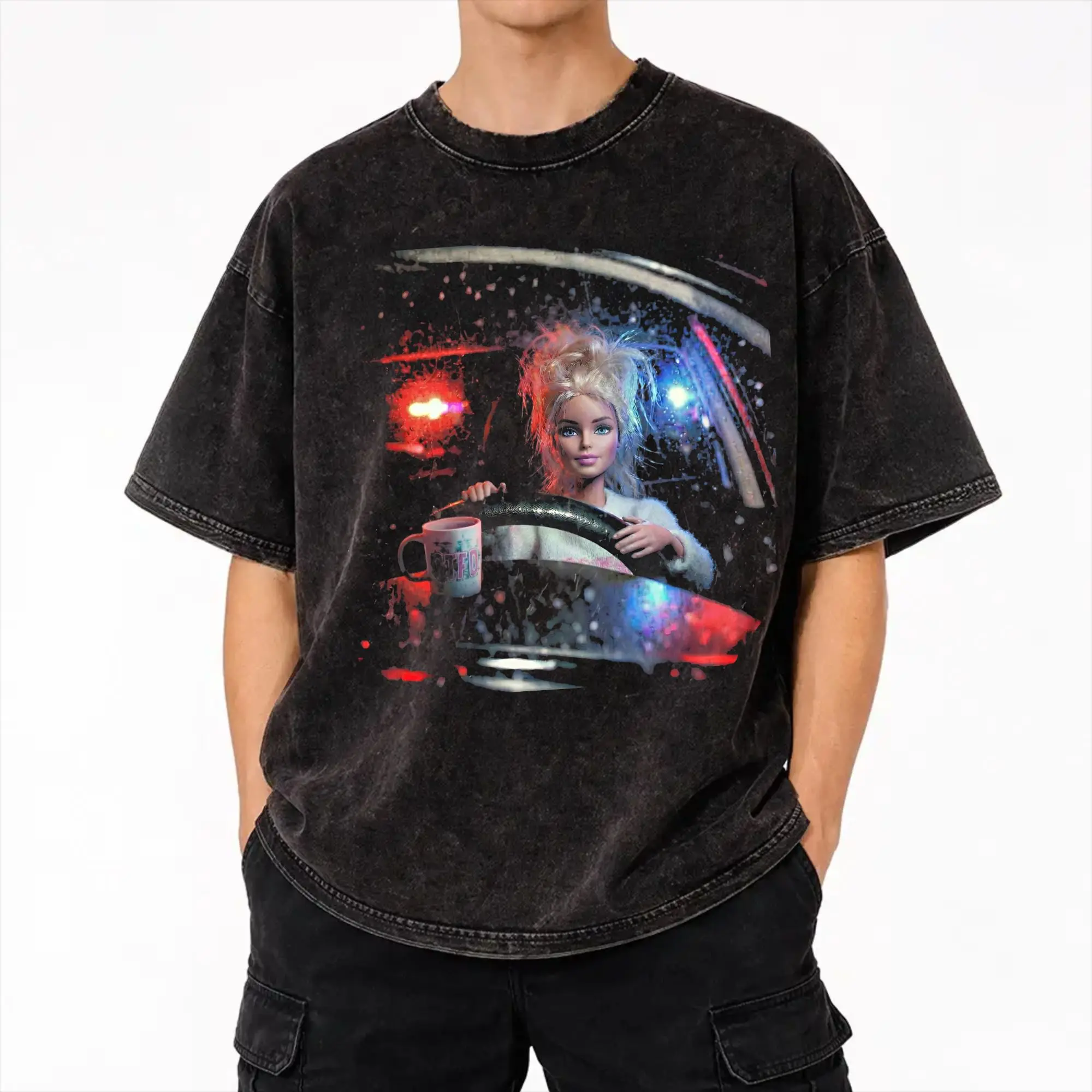 Blonde Doll Disheveled Doll Washed T Shirts Streetwear Hip Hop Fashion T-Shirts  Tees Tops for Men Women 100% Cotton Harajuku