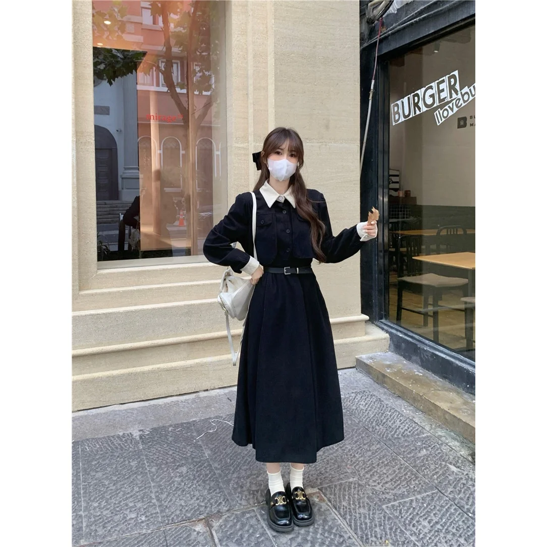 Autumn Winter Corduroy Long Dress Women's Slimming Waist Cinched Hepburn Style Color Block Fake Two-Piece Midi Dress Citywalk