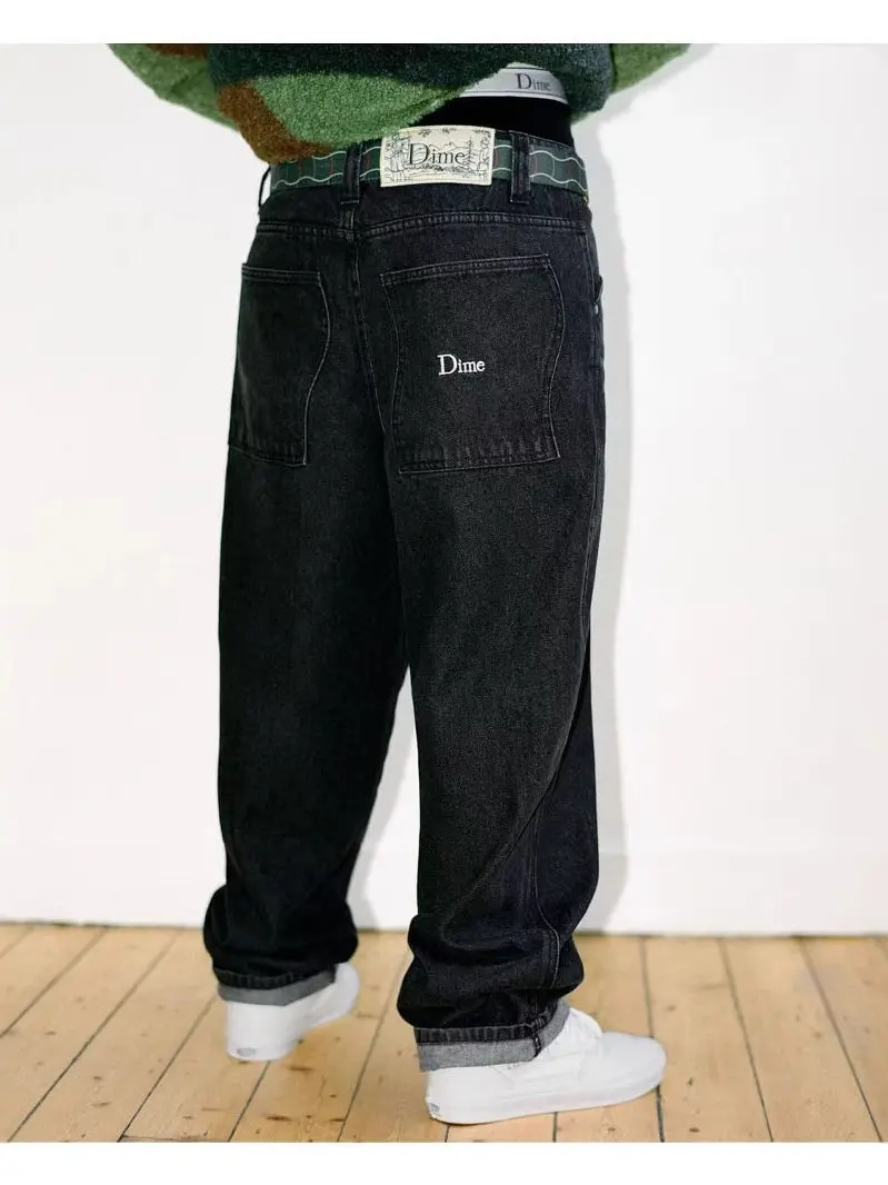 DIME PANTS American Retro Street Skateboarding Embroidered Loose Straight Leg Men's Jeans Casual Low Waist Washed Denim