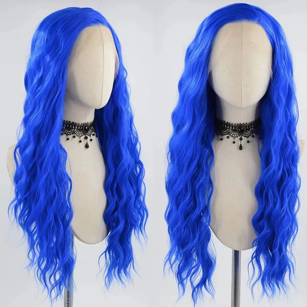 Synthetic Hair Blue  Deep Wave  Pre Plucked 13x4 Lace Front Wigs for Black Women Glueless Cosplay Daily Wear Wigs