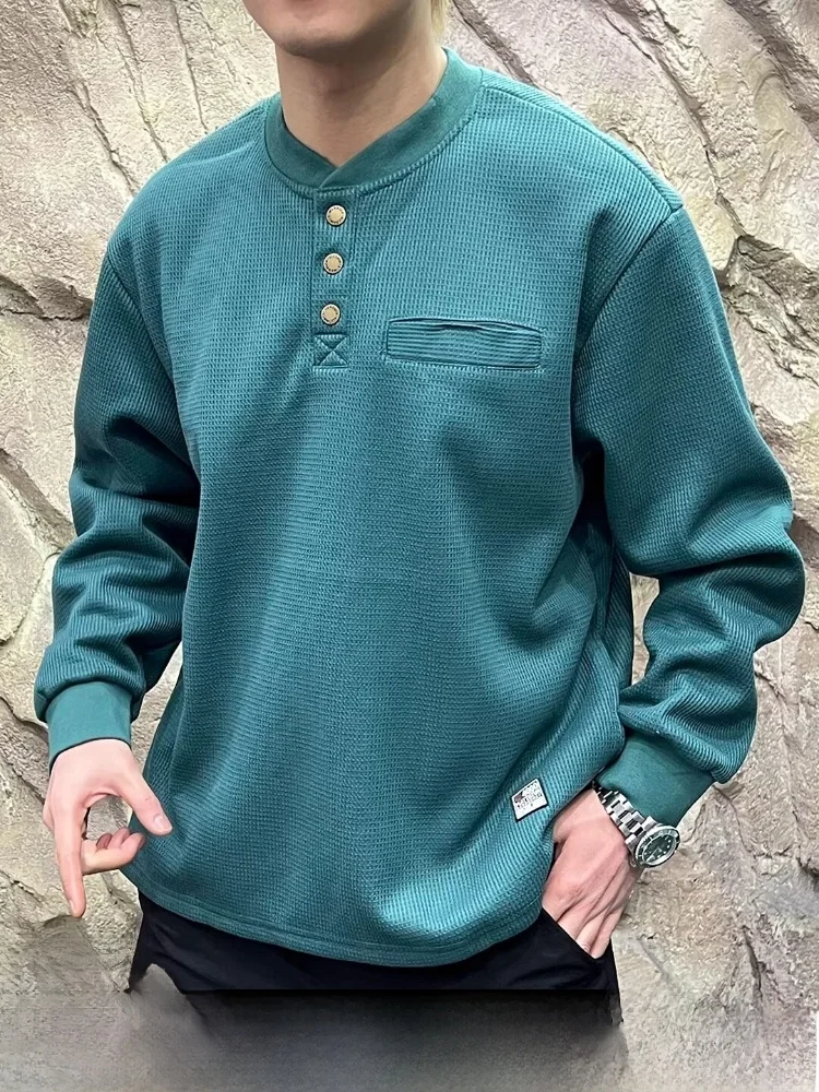 

Extra Thi Теплая мужская толстовка большого размера Fce с водной талией и воротником Генри, длинный свек, повседневная хлопковая полиэтиленовая толстовка...