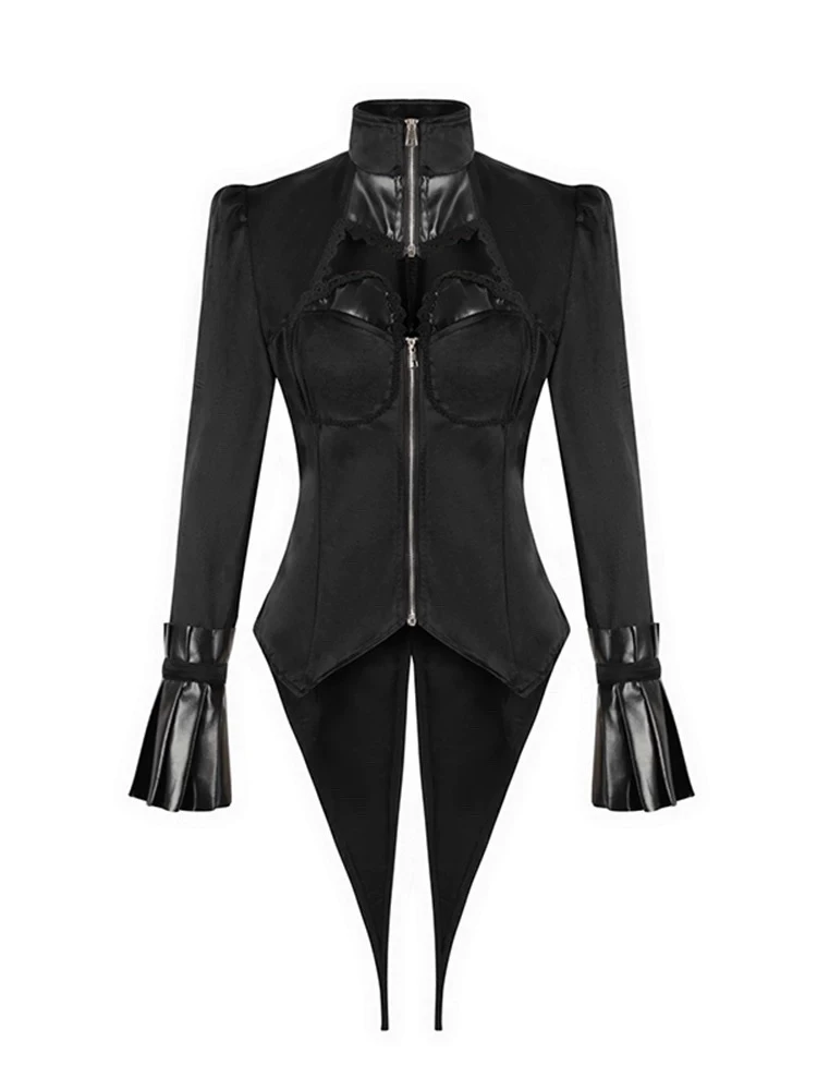 

Готическое средневековое кожаное пальто с приталенным силуэтом, низким вырезом, воротником-стойкой, вырезами и утяжкой на талии