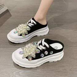 Spring New Women Sneakers Slipper Designer Platform Mules Flat Sandal Sweet Casual Lace Up Pearl Crystal Shallow Ladies Shoes