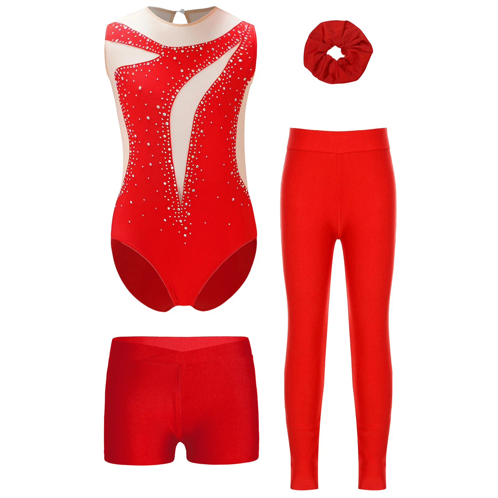 

4Pcs/Set Kids Girls Gymnastics Figure Skating Dance Leotard Outfit Sheer Mesh Patchwork Shiny Rhinestone Bodysuit Ballet Costume
