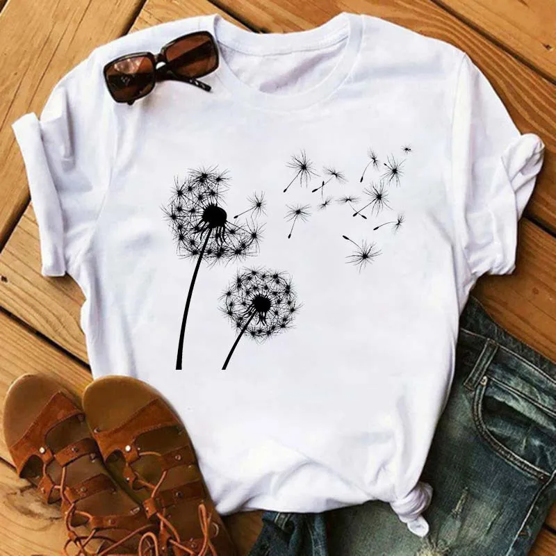 Europe and The United States Explosive Plant Dandelion Dress Cute White Women's Printed Women's Short-sleeved T-shirt Tops