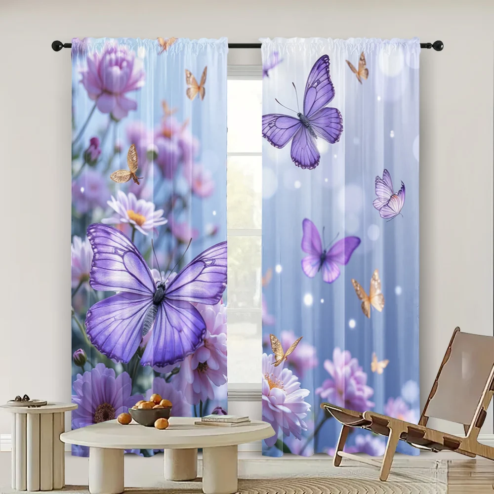 2pc,  Window Curtains butterfly pattern Versatile Polyester,Without Electricity Versatile Use for College dormitory decoration