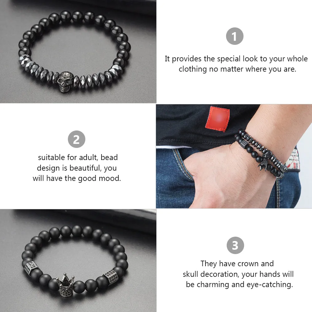 2Pcs Crown Skull Bead Wrist Chain Bracelet Copper String Material Strong Durability No Deformation Comfortable Wear Party Travel