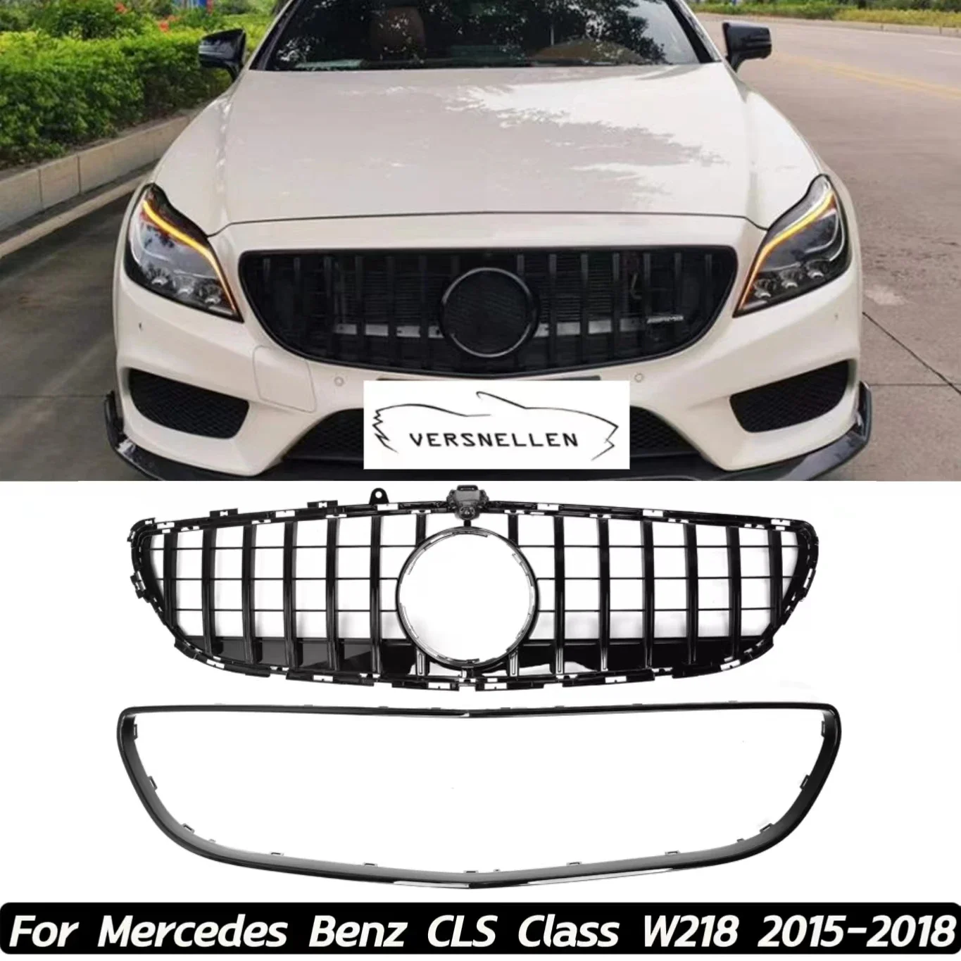 Car Front Grill Grille with Frame Cover Upper Bumper Hood Mesh Grid For Mercedes Benz CLS Class W218 2015-2018 Advance Version