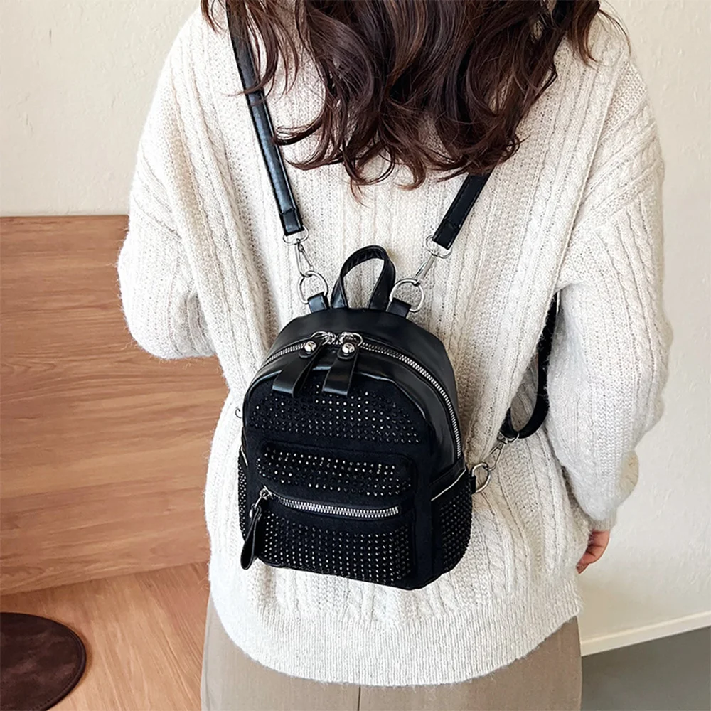 Rhinestone Backpack Fashionable Women's Style Trendy And Versatile For Casual And Trendy Small Backpack With Soft Surface