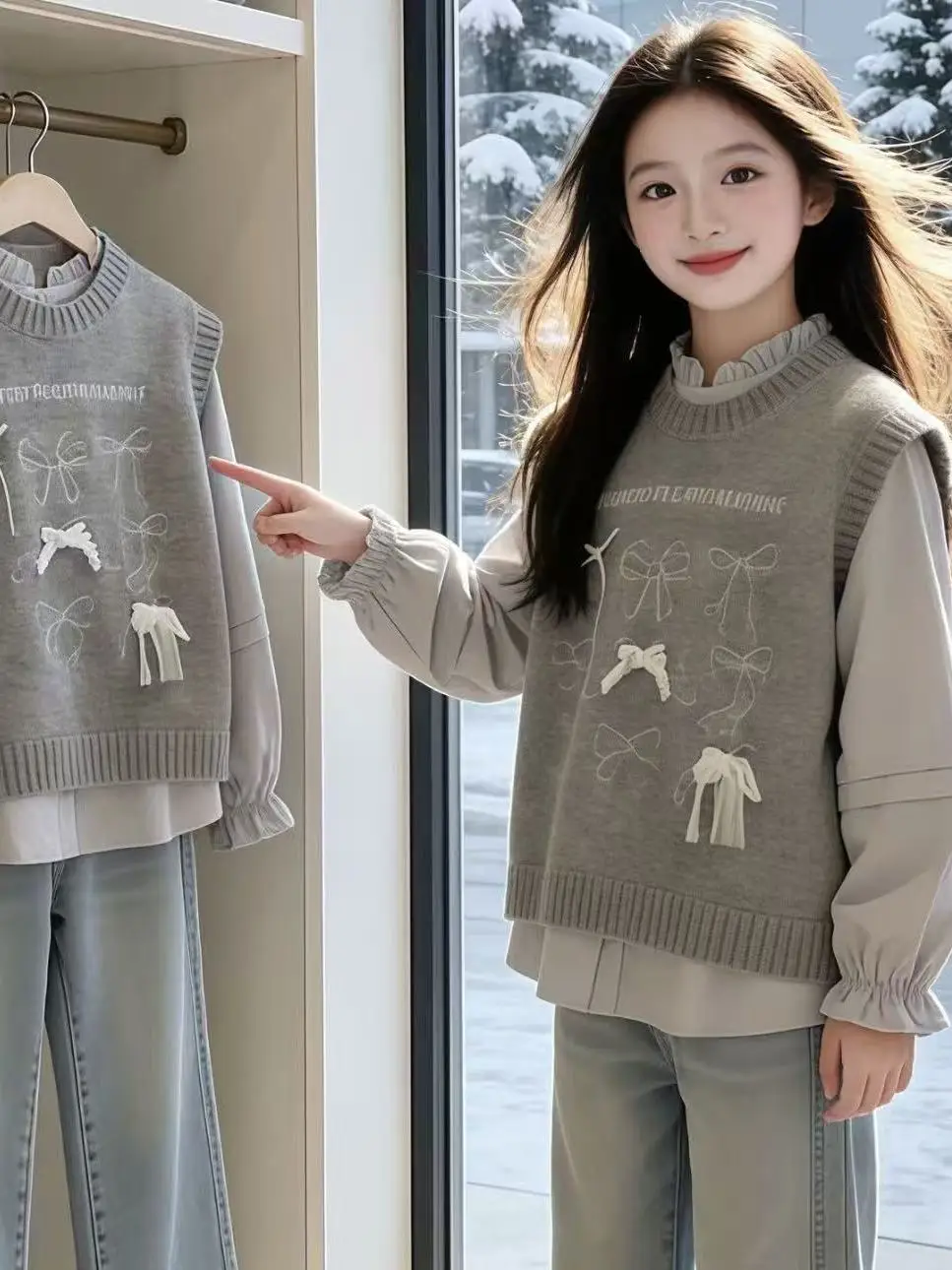 Girls Knitted Vest Set with  Knots Middle And Large Children's Clothing Autumn Season Fashion Korean Style Two-Piece...
