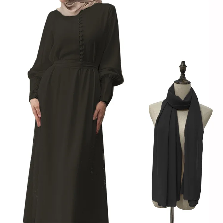 Mulheres muçulmanas elegante chiffon simples cor sólida macio vestido longo cintura-gravata vestido de camada dupla robe abaya botão
