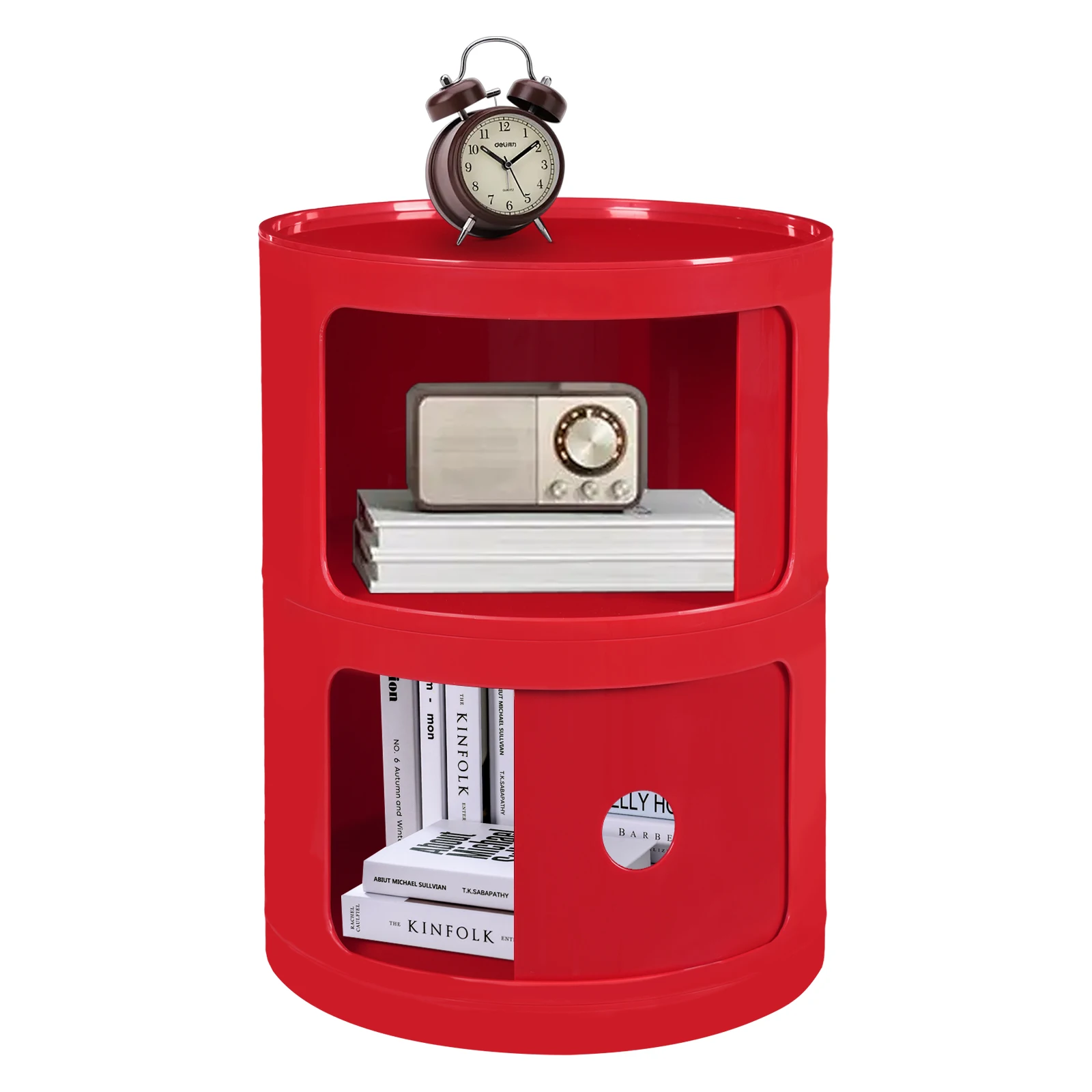 

2-Tier Red Modern ABS Floor Standing Round Cabinet, Round End Table with Storage, Round Organizer