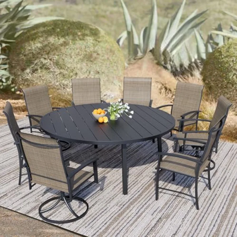 

9 Piece Outdoor Dining Set 60 Black Round Table with 4 Mocha Swivel Chairs and 4 Fixed Patio Chairs for Lawn Garden or Porch