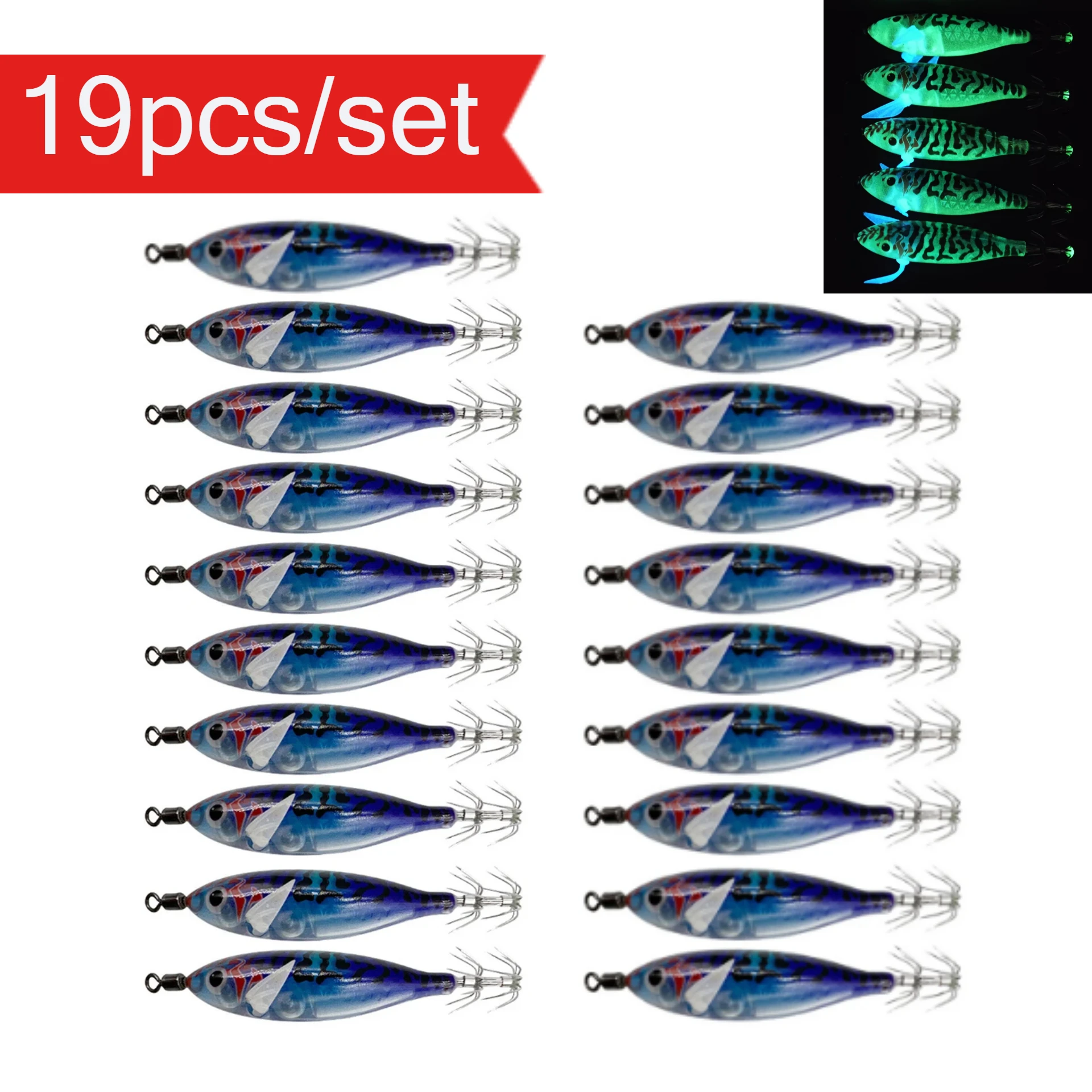 19 Stück/Set 8cm Leuchtende Tintenfisch-Jig-Haken für das Angeln auf Garnelen, Meeresfischerei-Zubehör, Künstlicher Köder, Oktopus-Köder