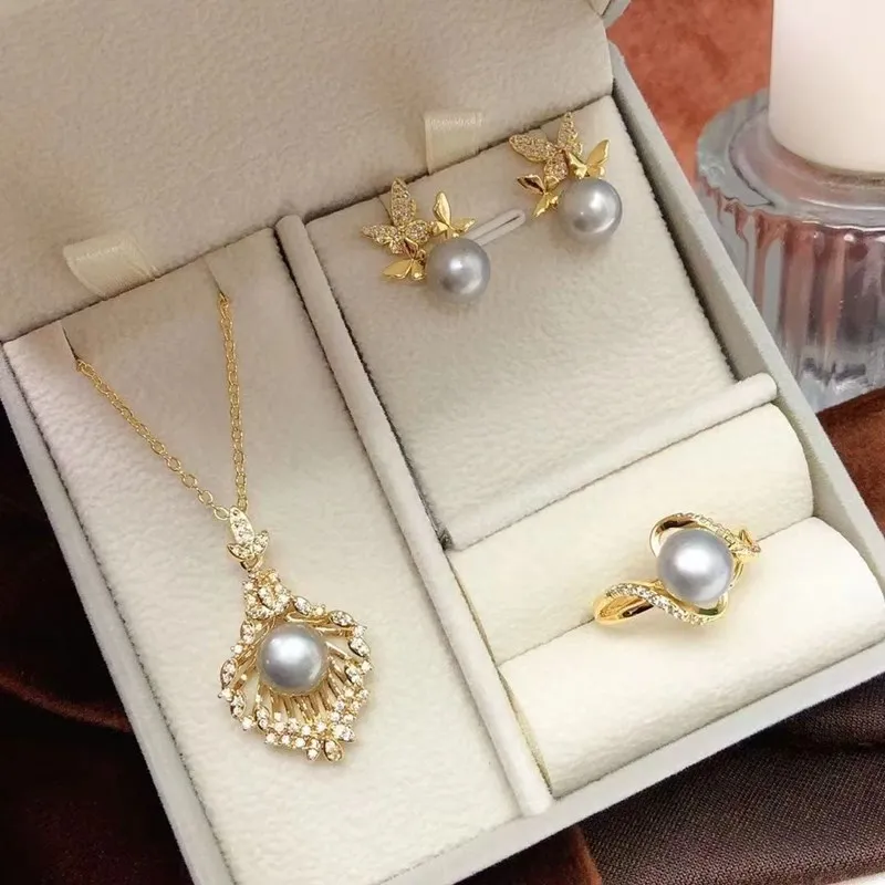 one set freshwater Pearl 8-9mm pendant /earrings/Ring white/yellow/black gray pink purple  drop pendant