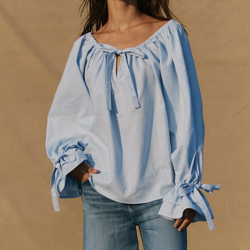 Combhasaki conjunto feminino de 2 peças, cor sólida, loungewear, cordão, laço, gola redonda, camisa + bainha plissada em camadas, calças compridas flare