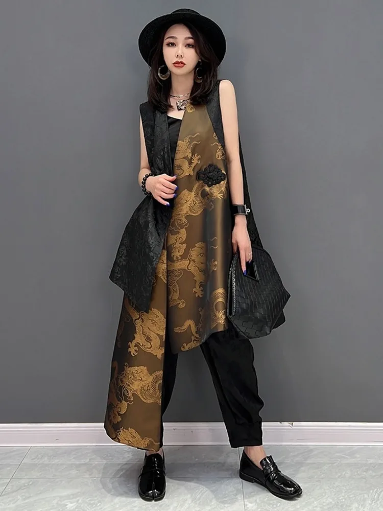 Shengpalae V-Hals Lange Vest Mouwloze Jas Losse Chinese Stijl Mid-Length Print Onregelmatige Dames 2024 Lente Nieuwe 5r585