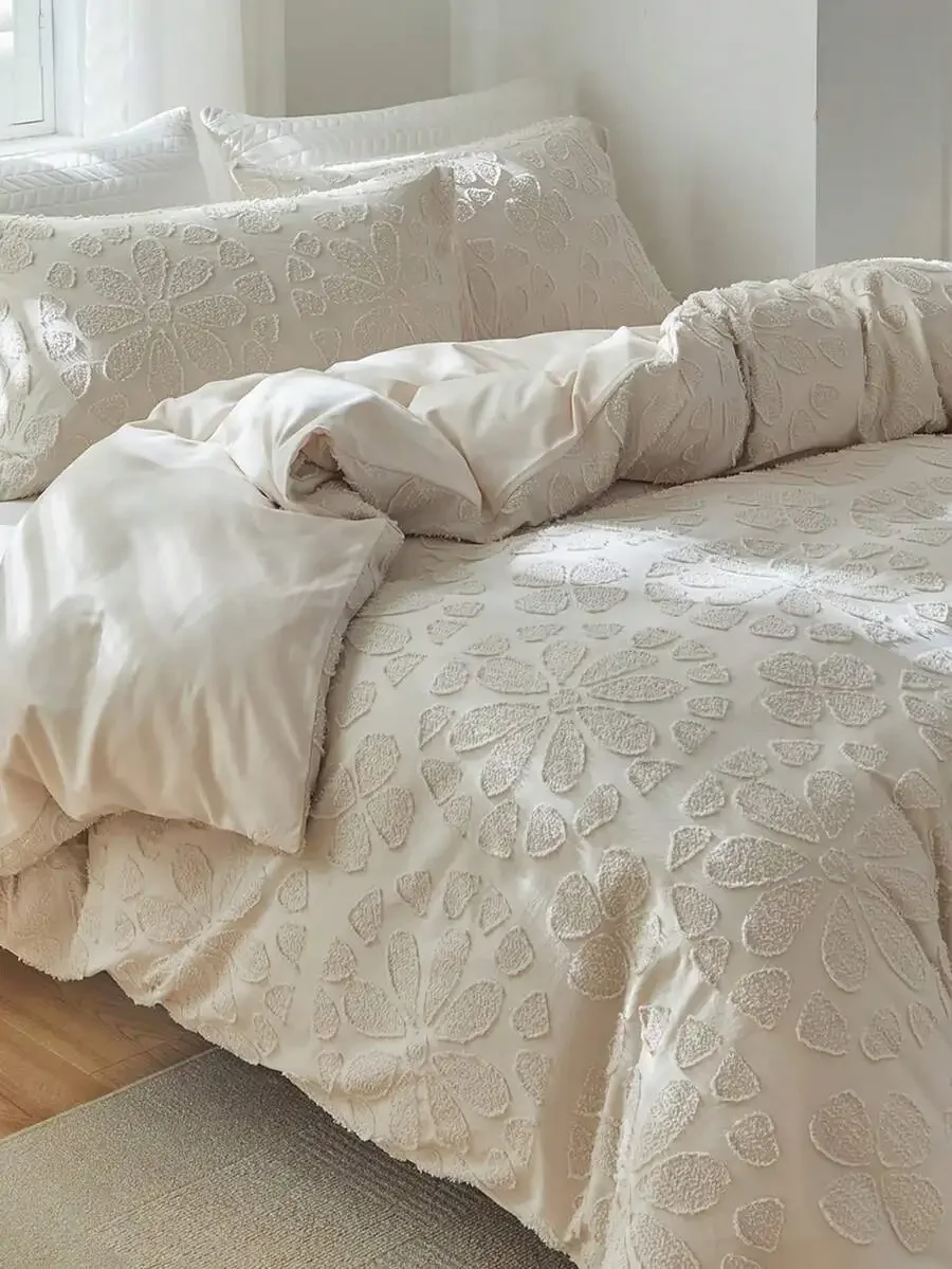 

3pcs Beige Flower Pattern Duvet Cover And Pillowcase Set, Bohemian Style & Minimalist & Japanese Style Polyester Bedding Set Sui
