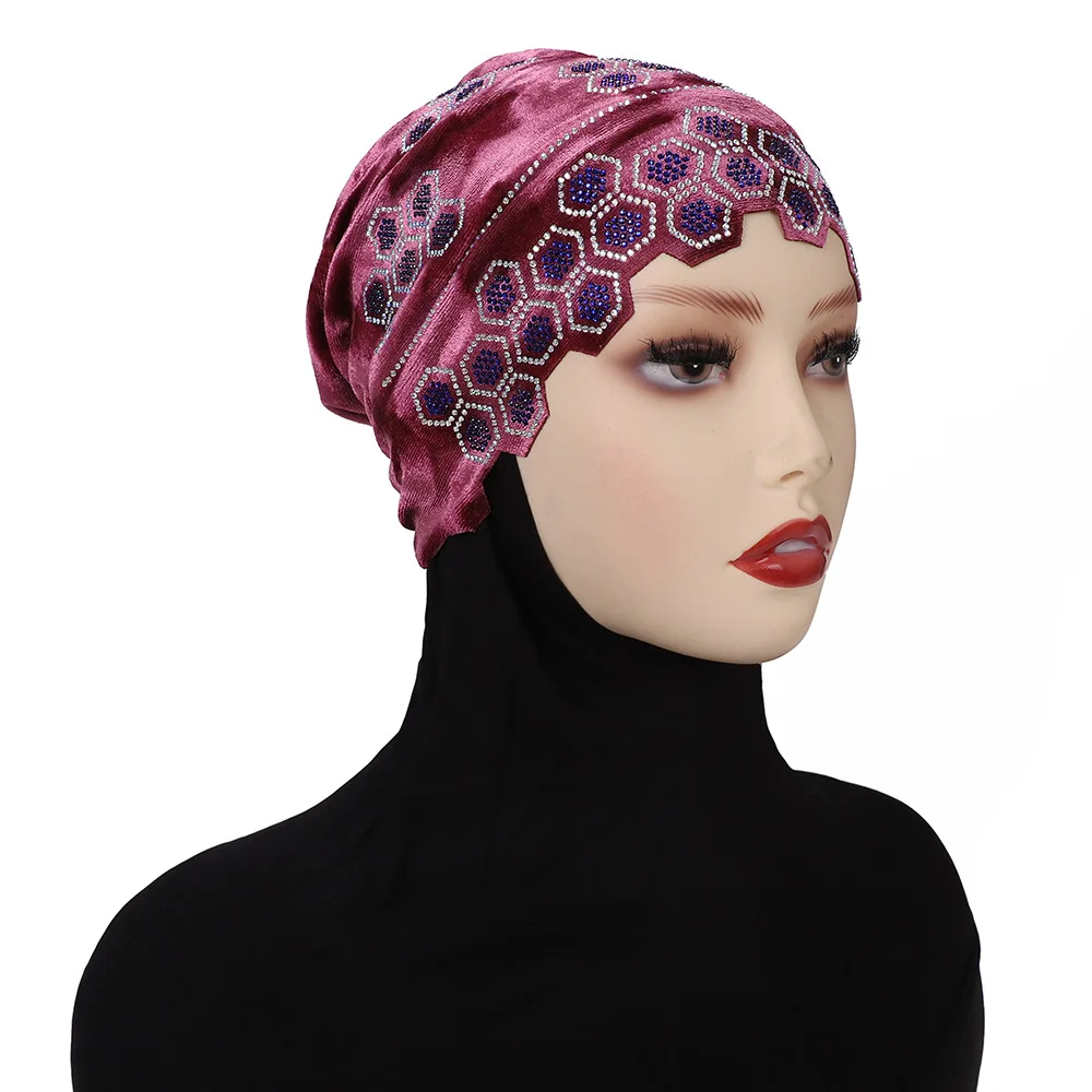 Muzułmańska aksamitna podszewka pod hidżab z dżetami, miękka chusta pod hidżab, czapka chemo, turban dla kobiet z wypadającymi włosami, czapka typu beanie, nakrycie głowy, turbante mujer