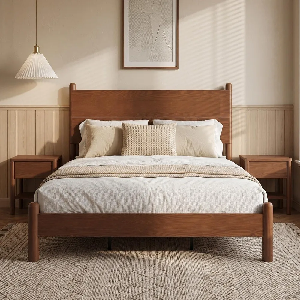 Solid Wood Full Size Bed Frame with Tall Headboard Brown