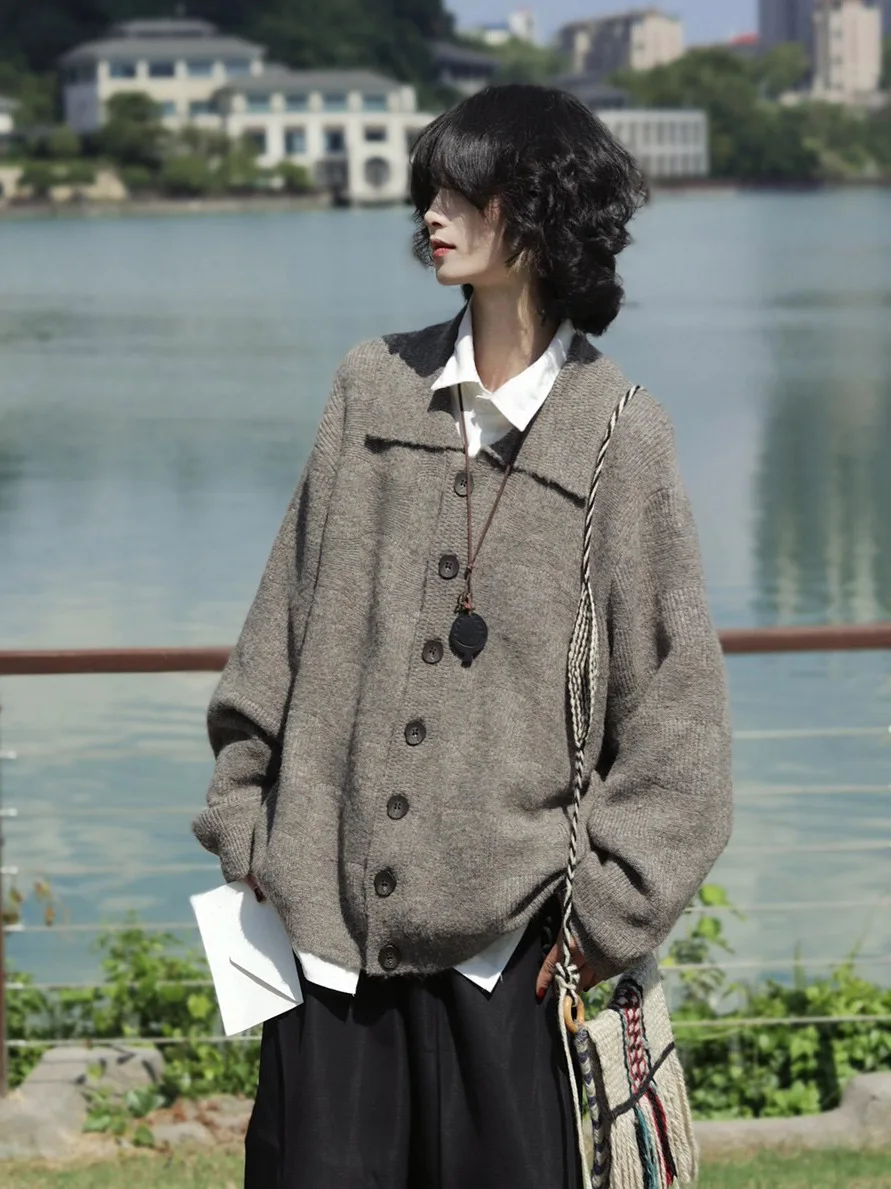 

Retro Lazy Style Button-Up Knitwear Cardigan Loose Fit Unisex Spring Autumn College Style Casual Long Sleeve Thermal Outerwear
