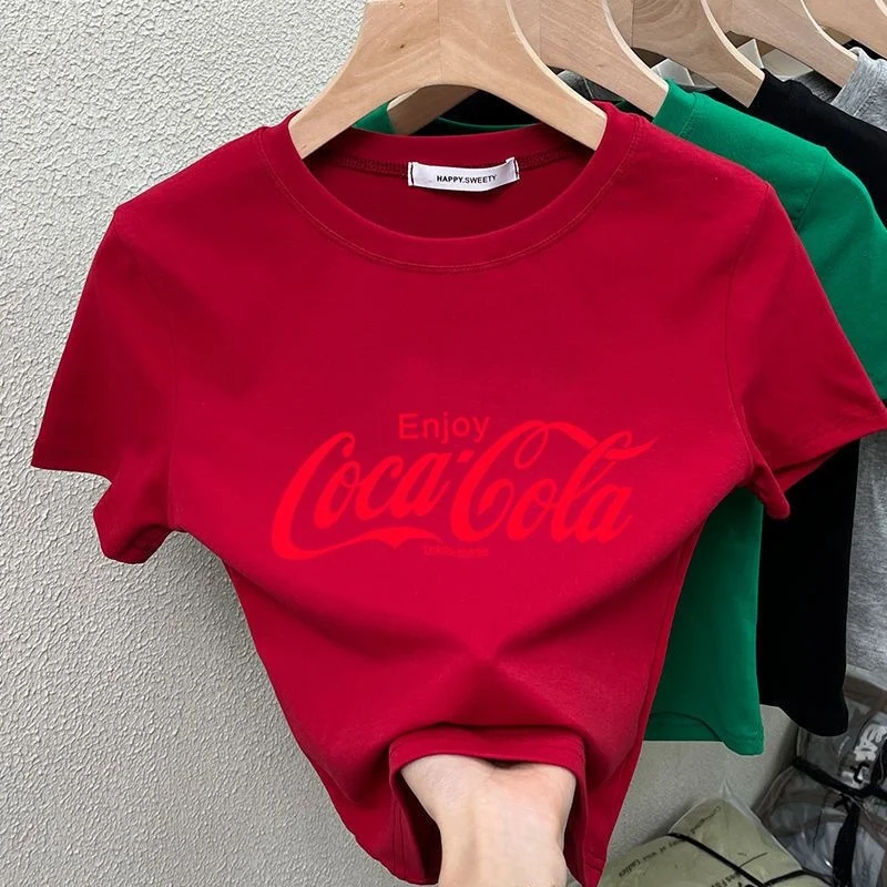 Slim Fit Short Sleeve T-Shirt Women's Fashionable Short Style Korean Version Polyester Material round Neck Print Design High ...