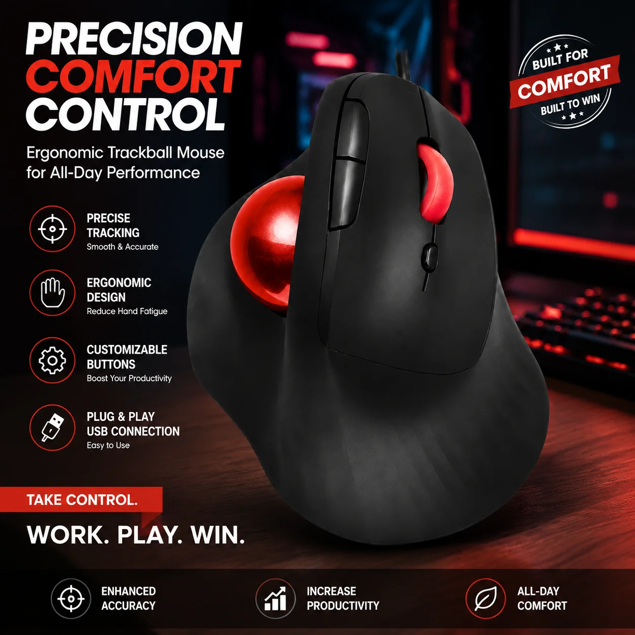 Trackball Wired Vertical Ergonomic Design Mouse 1600DPI Adjustable 5-Buttons USB Optical Computer Mouse For PC Computer Laptop