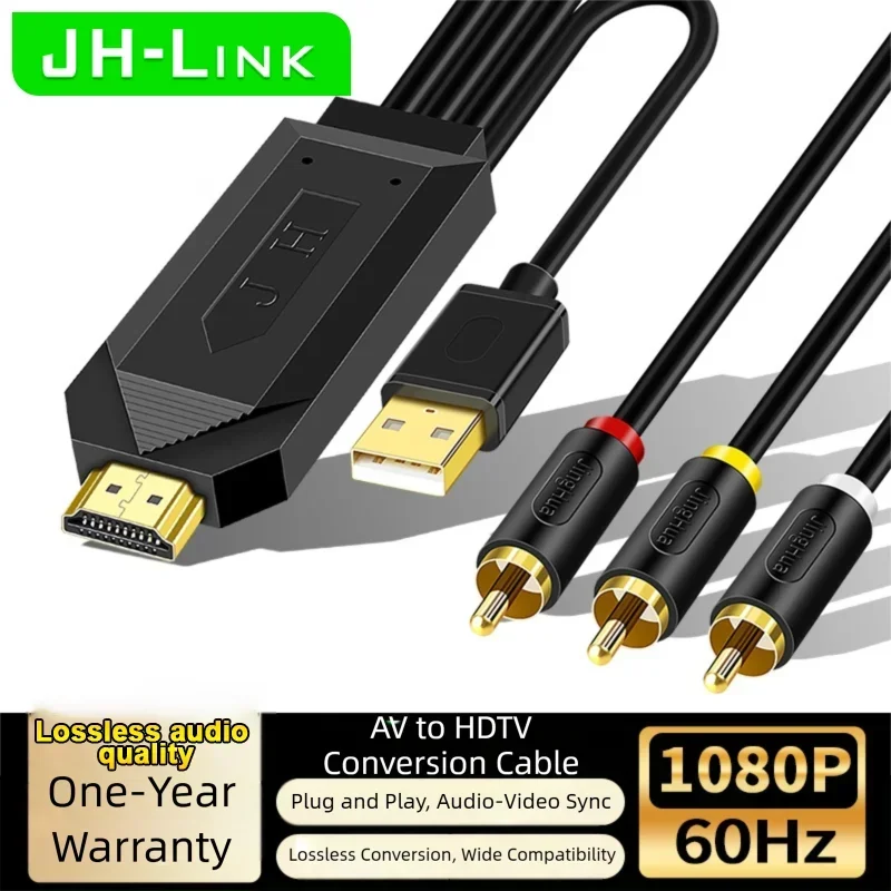 HDMI to RCA Cable, 1080P 60Hz Audio Video Converter, Plug & Play, Gold-Plated, for Old TV, DVD, VCD