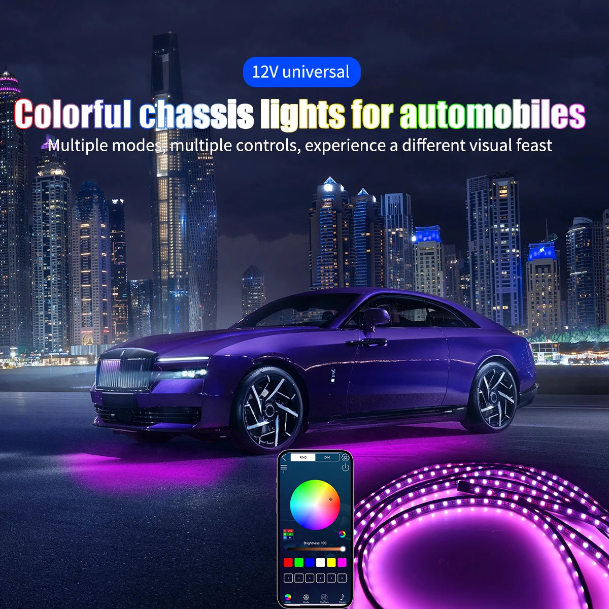 

4 IN 1 Neon LED Car Underglow Lights Strip 12V RGB Flexible Multiple Mode Atmosphere Light APP Remote Control Decorative Light
