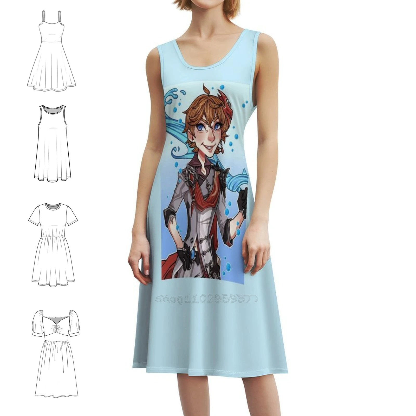 Genshin Impact-Tartaglia Sweetheart Neckline Dress Elegant Summer Party Dress For Women Genshin Impact Tartaglia Childe Anime