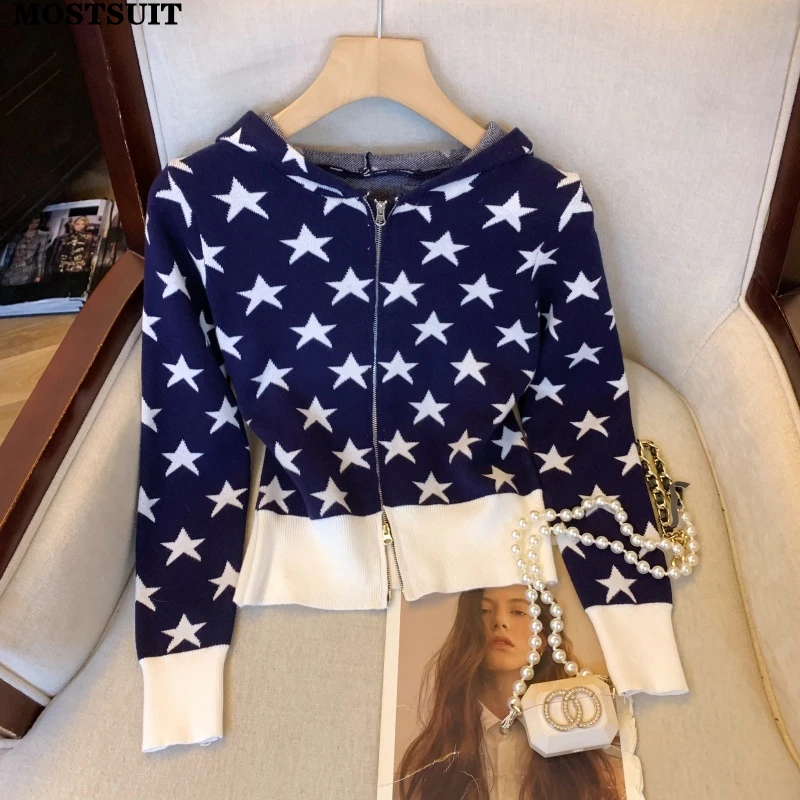 

Stars Jacquard Hooded Sweater Cardigans Women Zip-up Slim Knitted Long Sleeve Tops Knitwear Stylish Chic Fashion Ladies Jumpers