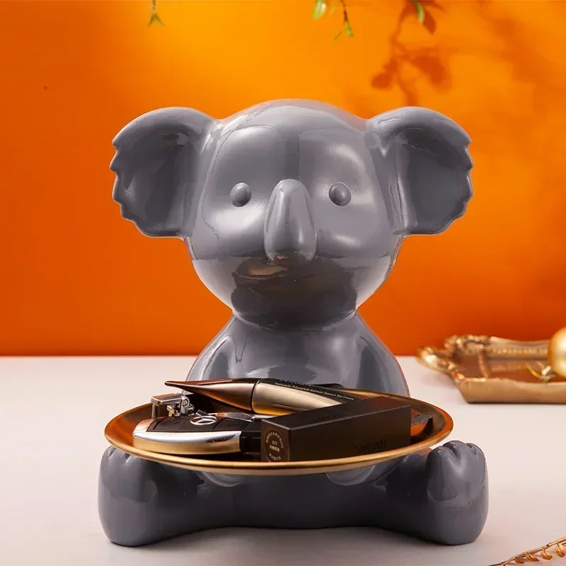 Koala Bear Figurine Storage Tray Animal Sculptures Resin Keys Candy Dish Jewelry Earrings Holder Home Living Room Entrance Decor