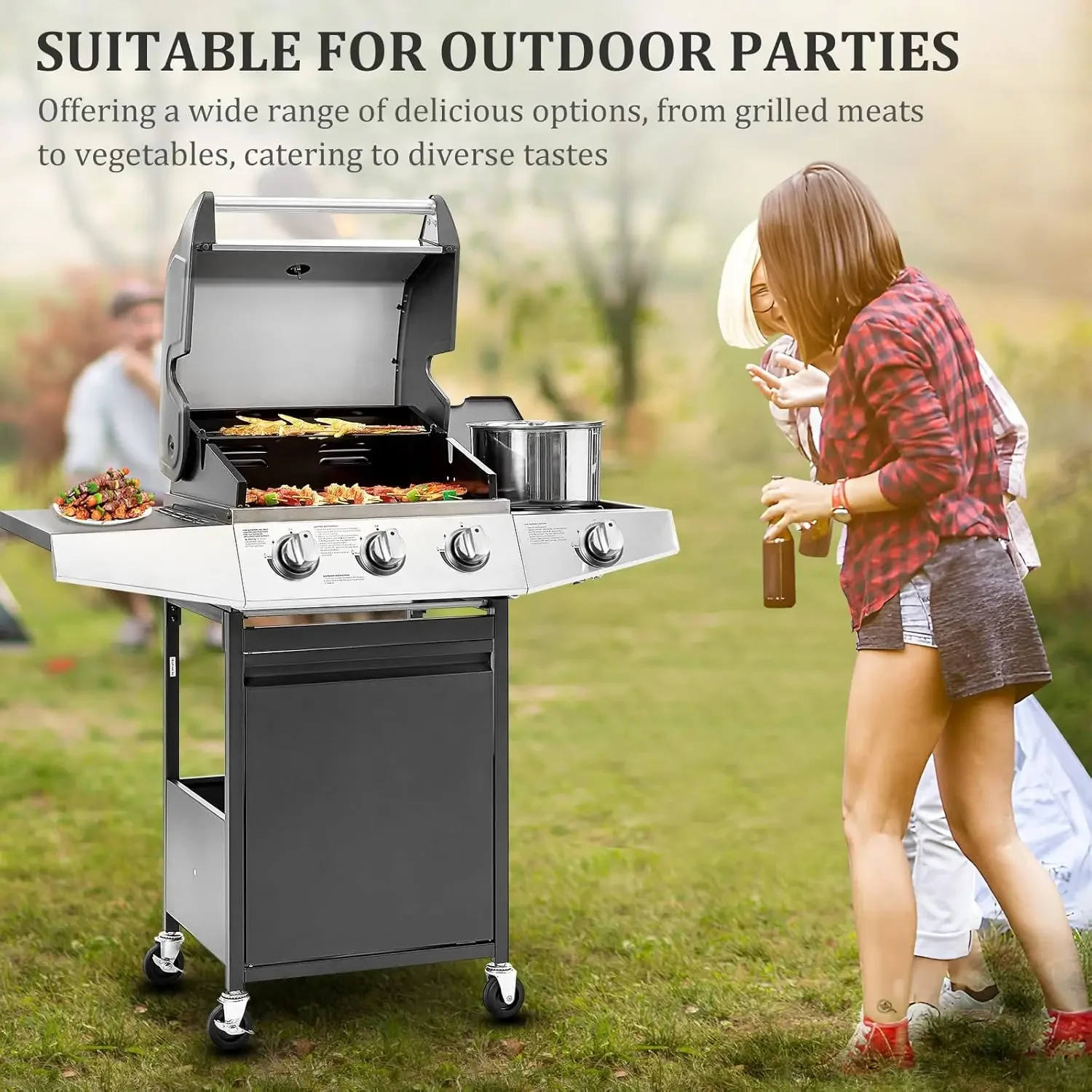 شواية شواء بغاز البروبان ذات 3 شعلات مع موقد جانبي وشبكات من الحديد الزهر المطلي بالخزف ومقياس حرارة مدمج، بقدرة 39000 وحدة حرارية بريطانية