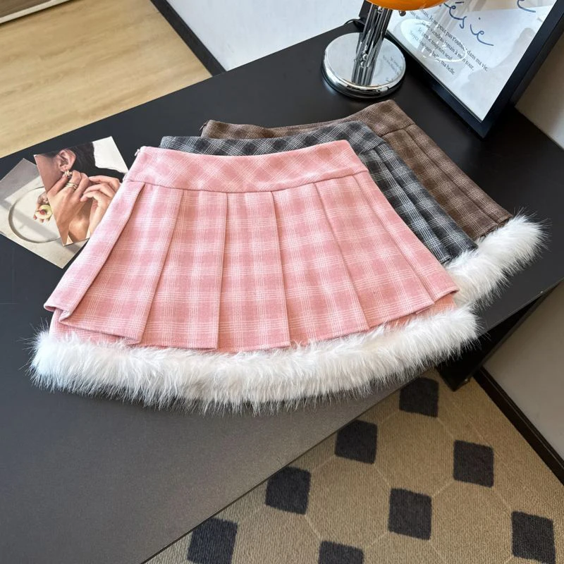 

Sweet Preppy Mini Skirt Women Kawaii Plaid Hairy Patchwork Chic High Waist Skirt Student Autumn Winter Zipper Streetwear Skirt