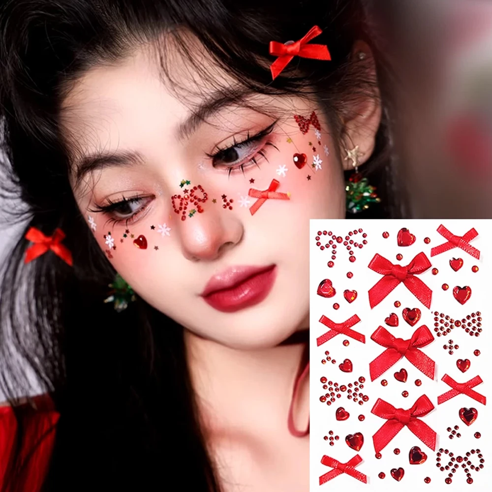 1sheet Pink Ribbon Bow+heart Rhinestone Stickers Kawaii Red Silk Ribbon Bow Design Face Glittle Gem Stickers For Kids/Girl Decor