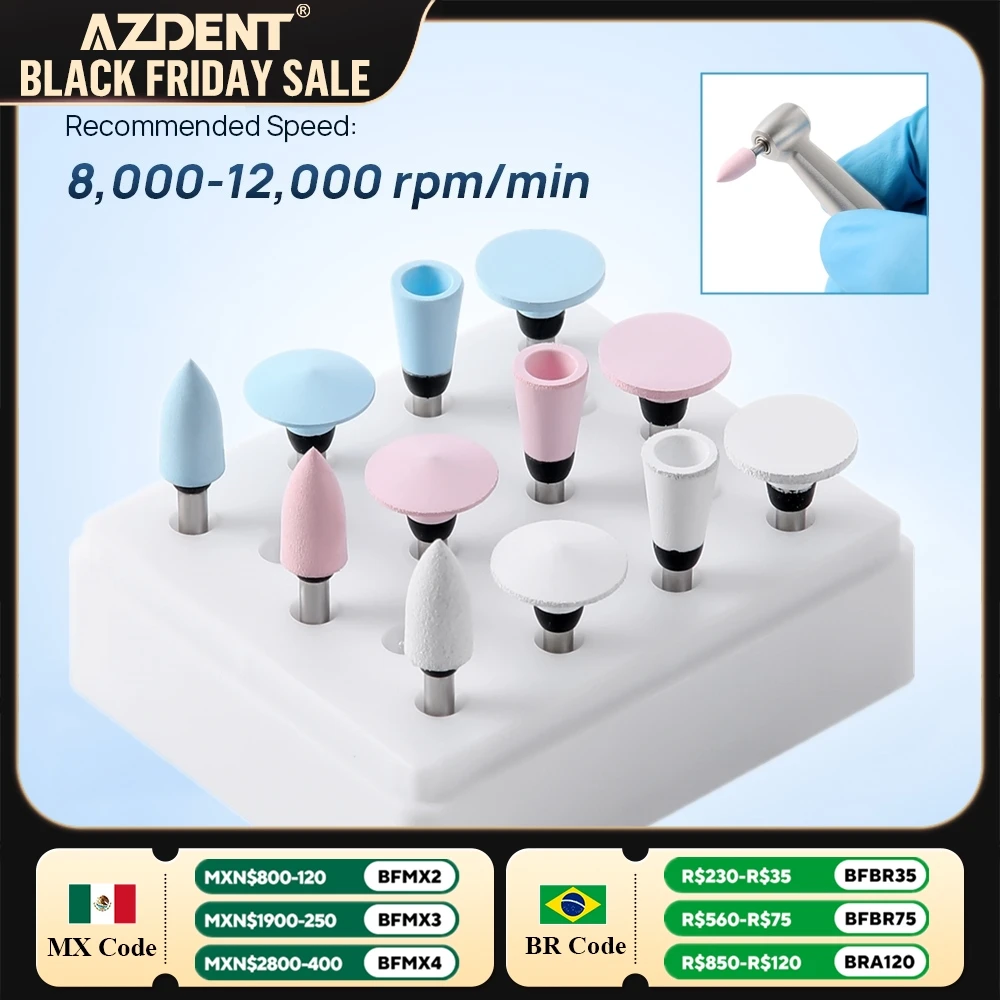 12PCS/Box Dental Silicone Polishing Set for Soft Resin AZDENT Grinding Heads Teeth Polisher RA Finisher for Low Speed Handpiece