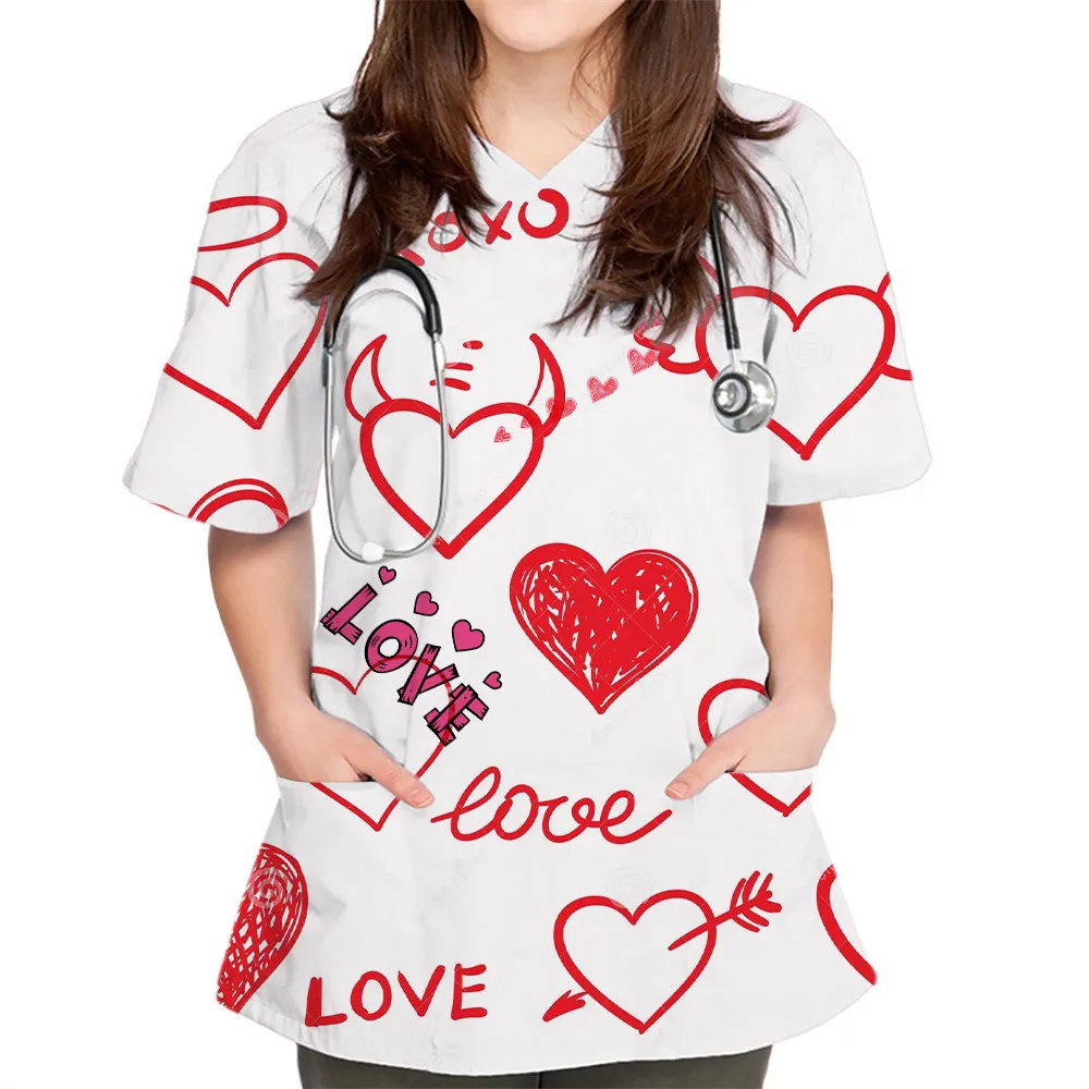 Women Heart Print Short Sleeve Working Uniform V-neck Tops Nurses Uniform Printing Pocket Blouse Tops Pet Grooming Uniforms New