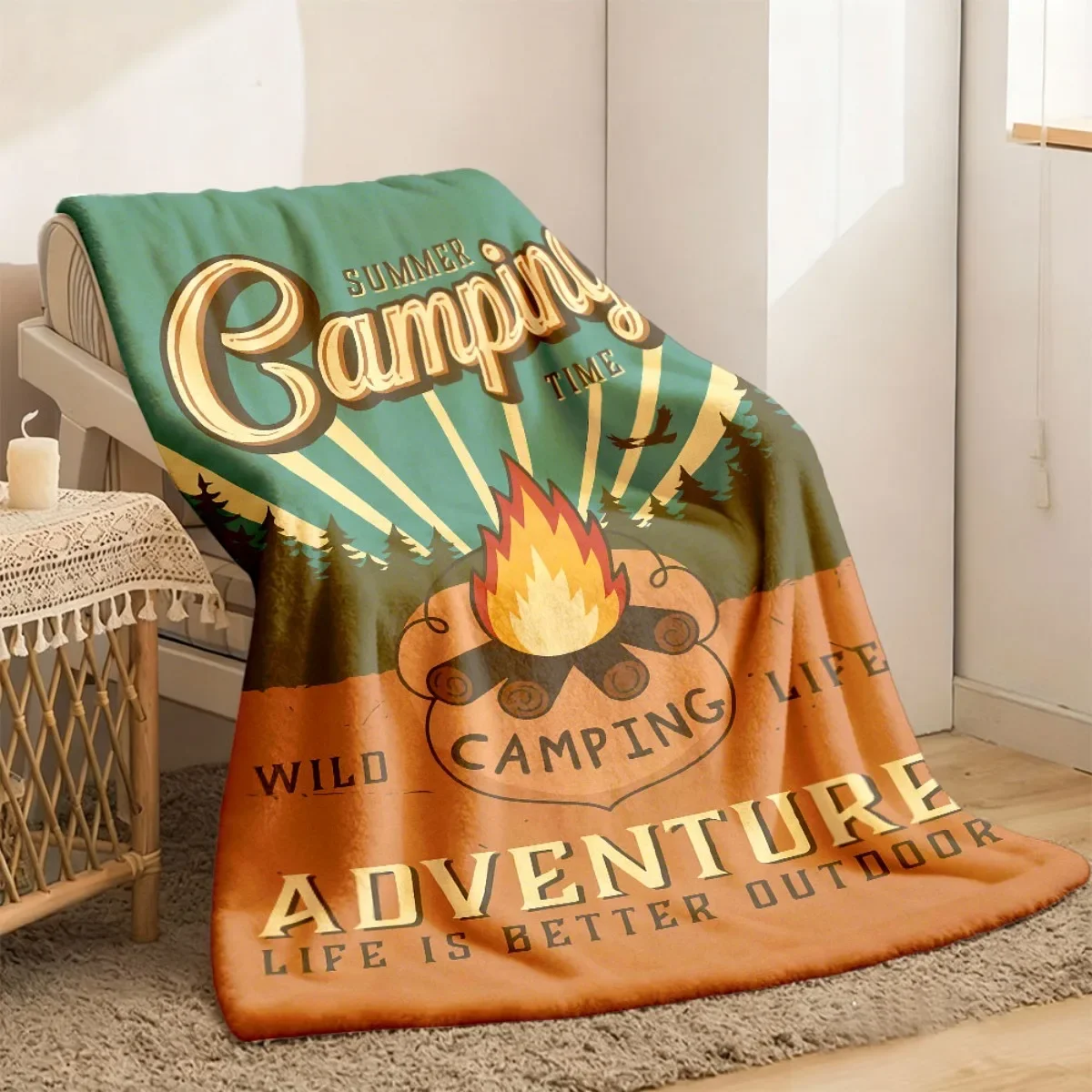 Custom 2026 New Arrivals 1pc Best Camping Flannel Blanket Extra Thick Allseason Soft Throw With Camping Graphics (Flames, Pine T