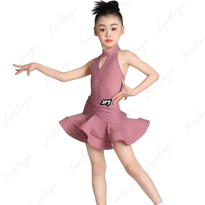 

Костюм для латинских танцев для девочек, новый летний стиль, юбка из рыбьей кости, топ с лямкой на шее, наряд для выступлений, тренировочный костюм