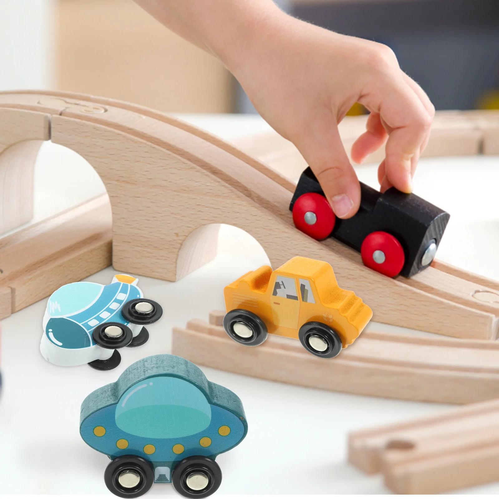 Coche de tren de madera para niños, juguete cognitivo de colores brillantes para educación temprana, juego de madera, tren de juguete, 5 uds.