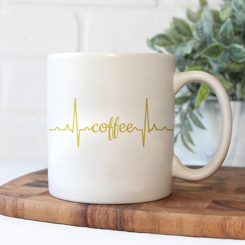 Coffee Heartbeat Monitor Custom Mug Decals , Beer Wine Soda Mug Signs Funny Vinyl Sticker Decoration Office Gift idea