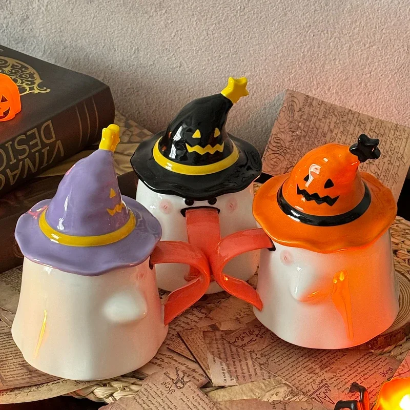 Halloween Cute Little Ghost Elf Modeling Creative Ceramic Mug with Lid Coffee Cup To Drink Water Girl Holiday Gift Cup.